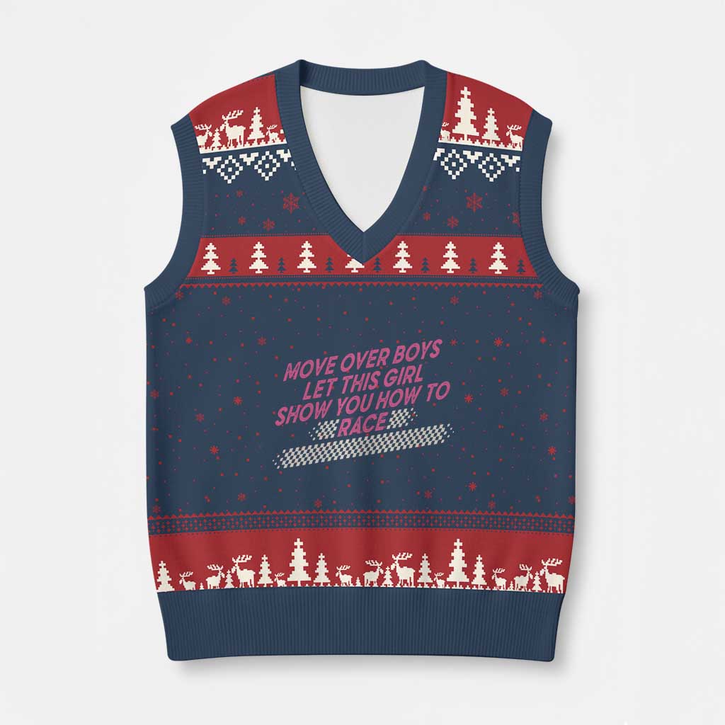 Racing Girl V-Neck Knit Sweater Vest Move Over Boys Funny Quote - Wonder Print Shop