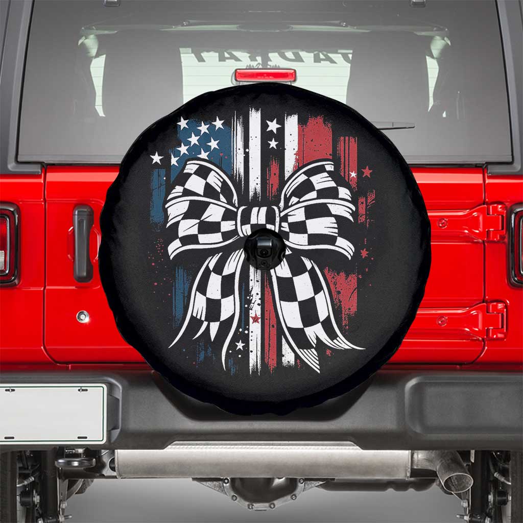Patriotic Coquette Bow Checkered Flag Race Car Racing Spare Tire Cover - Wonder Print Shop