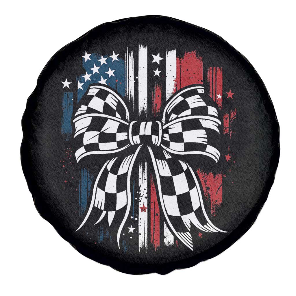 Patriotic Coquette Bow Checkered Flag Race Car Racing Spare Tire Cover - Wonder Print Shop