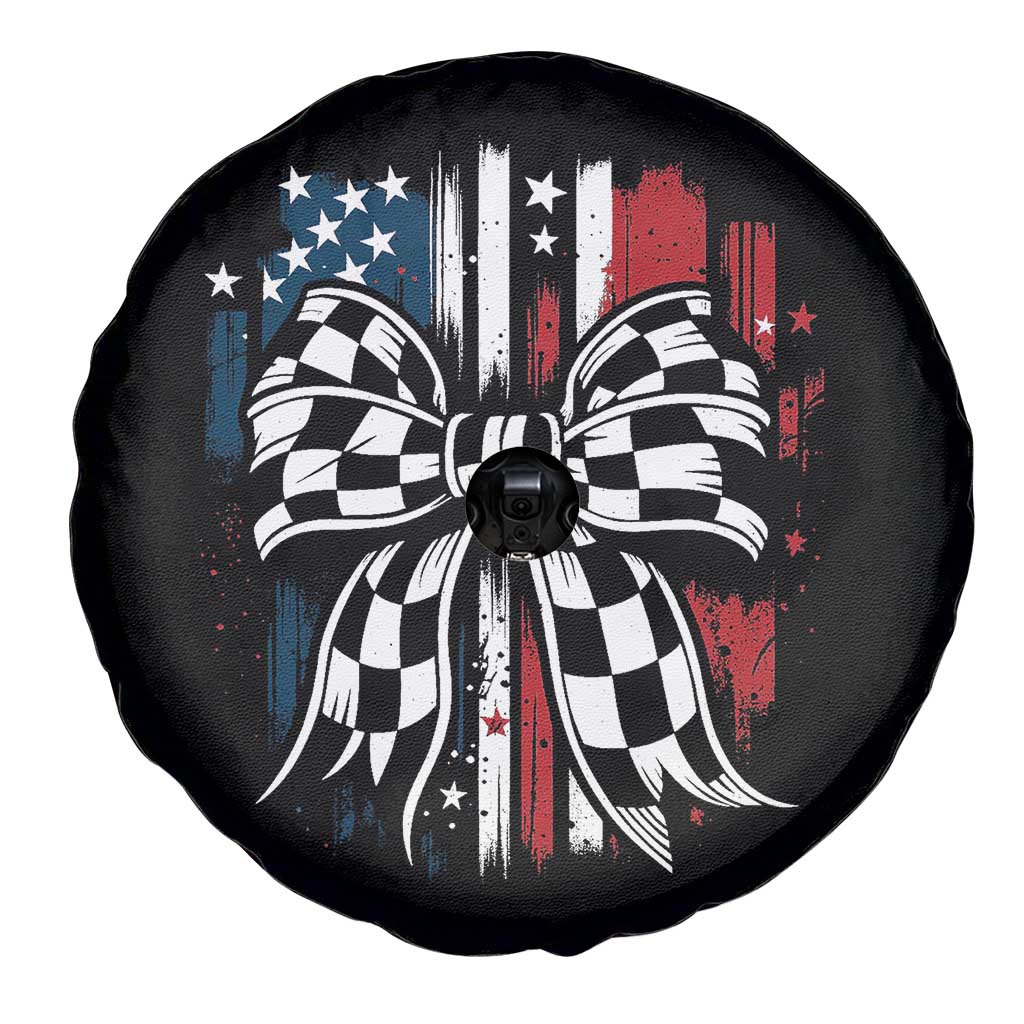 Patriotic Coquette Bow Checkered Flag Race Car Racing Spare Tire Cover - Wonder Print Shop