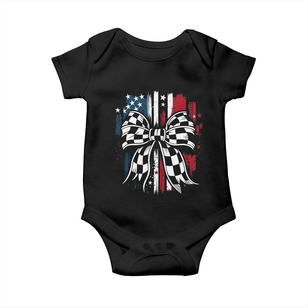 Patriotic Coquette Bow Checkered Flag Race Car Racing Baby Onesie - Wonder Print Shop