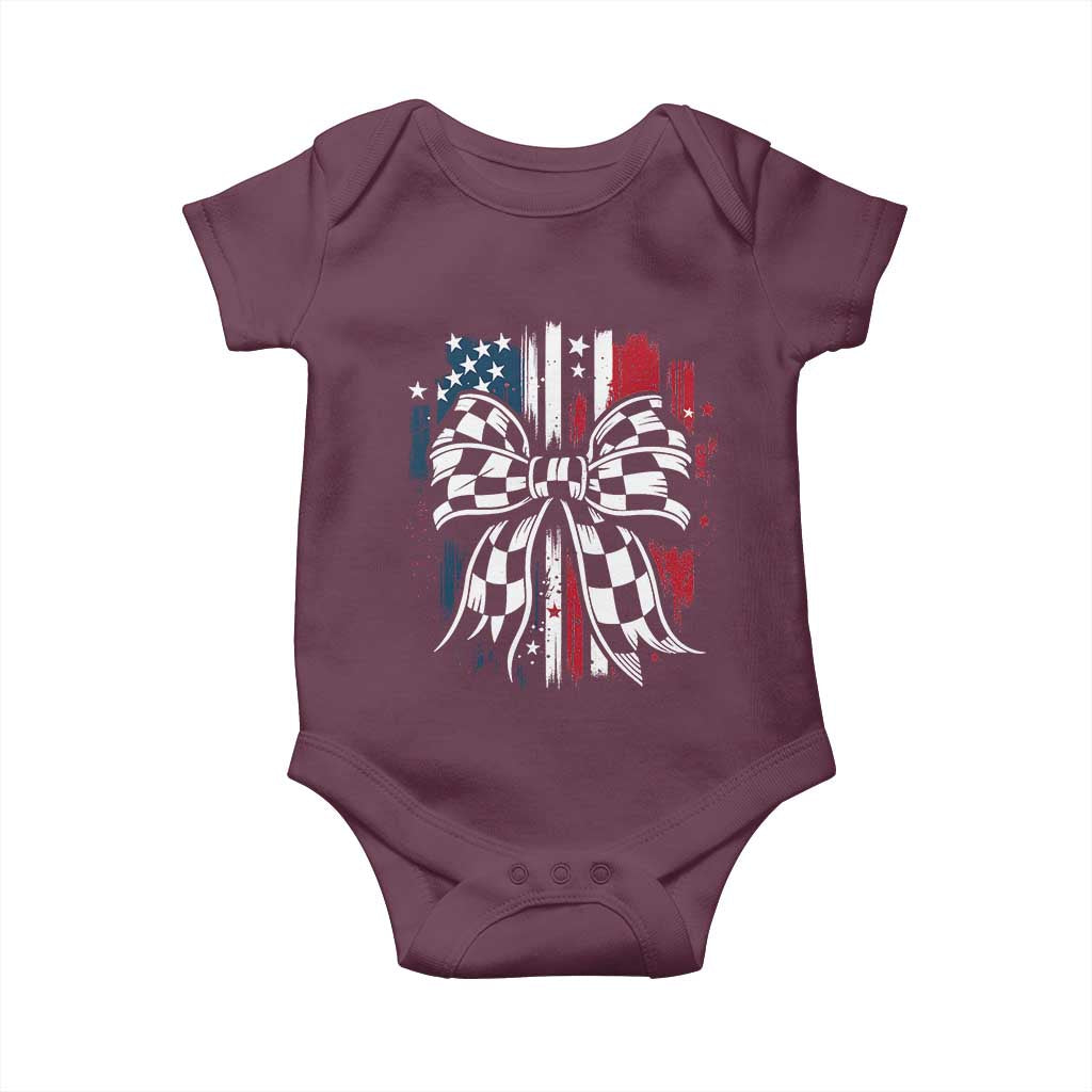 Patriotic Coquette Bow Checkered Flag Race Car Racing Baby Onesie - Wonder Print Shop