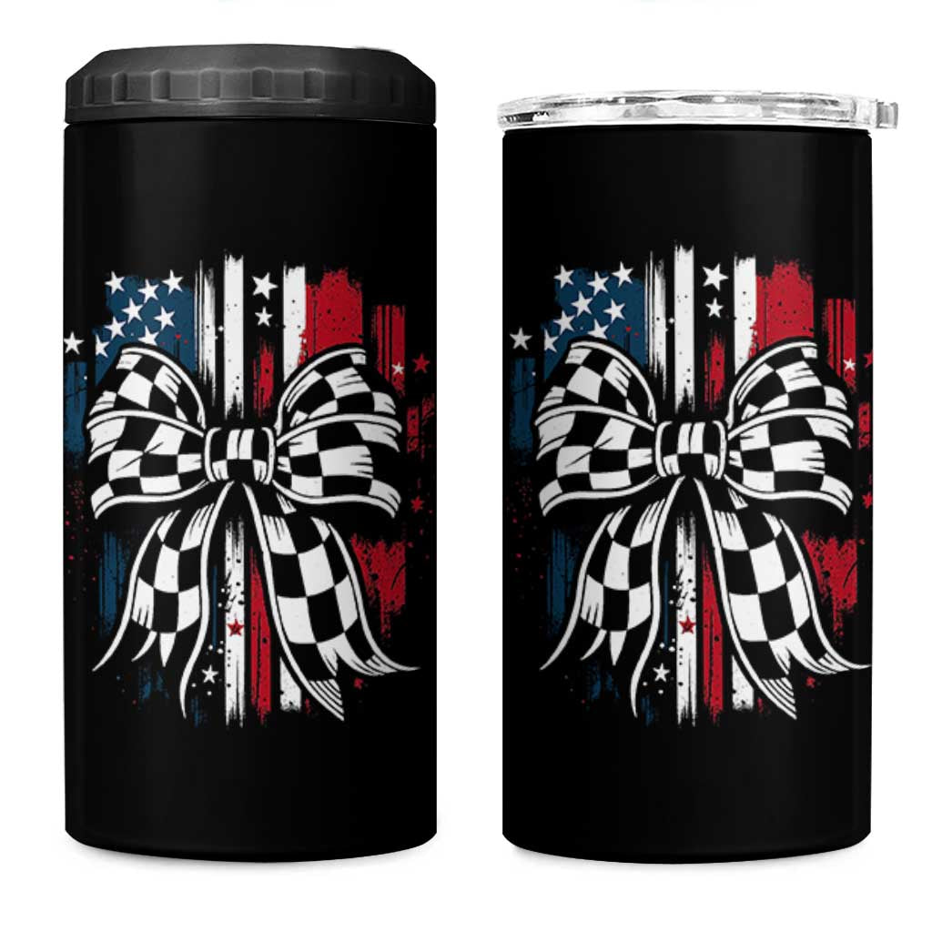 Patriotic Coquette Bow Checkered Flag Race Car Racing 4 in 1 Can Cooler Tumbler