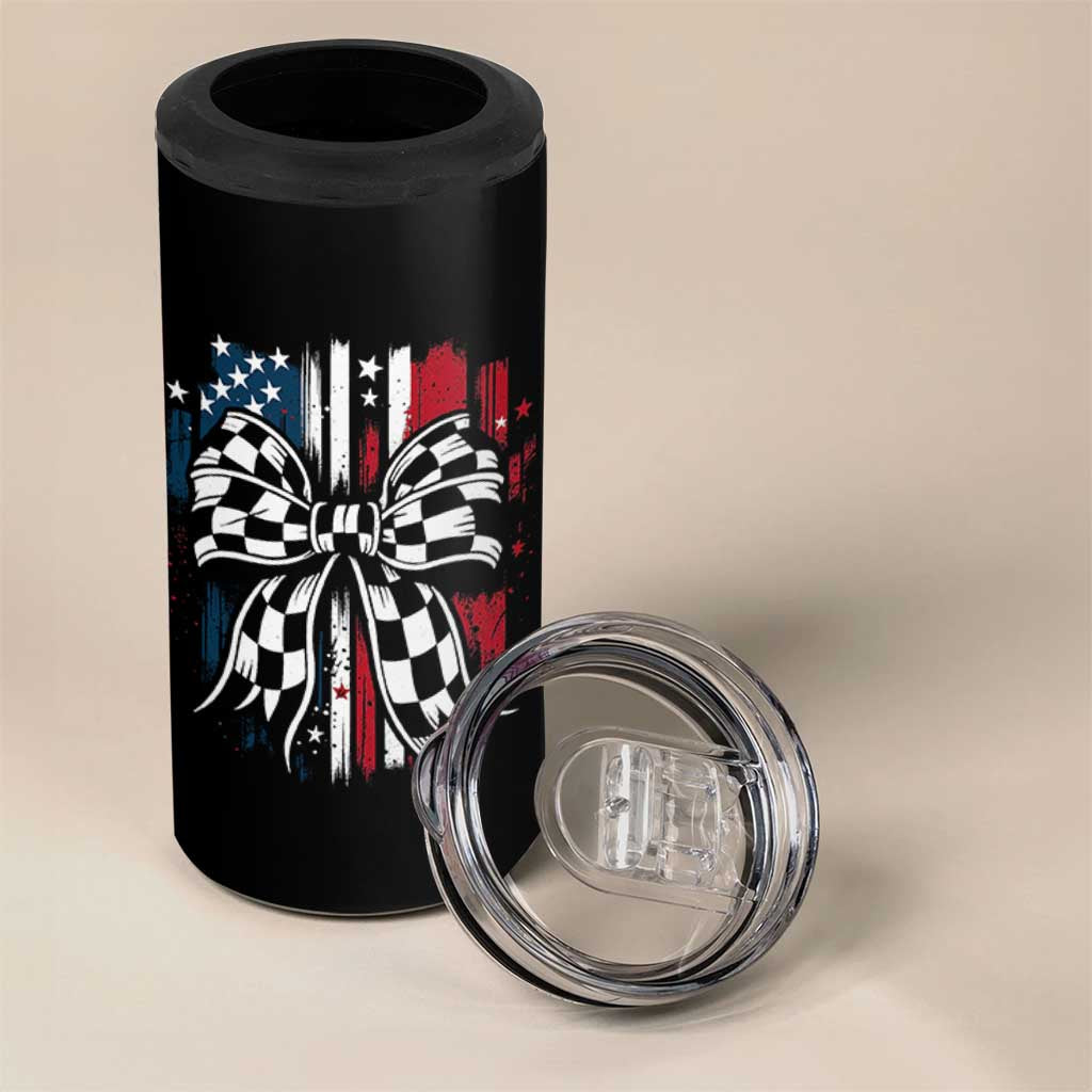 Patriotic Coquette Bow Checkered Flag Race Car Racing 4 in 1 Can Cooler Tumbler