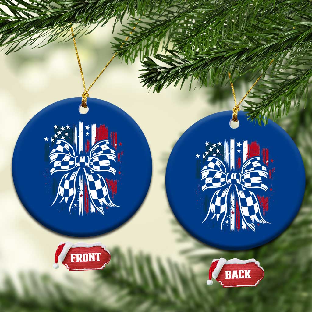 Patriotic Coquette Bow Checkered Flag Race Car Racing Ceramic Ornament - Wonder Print Shop