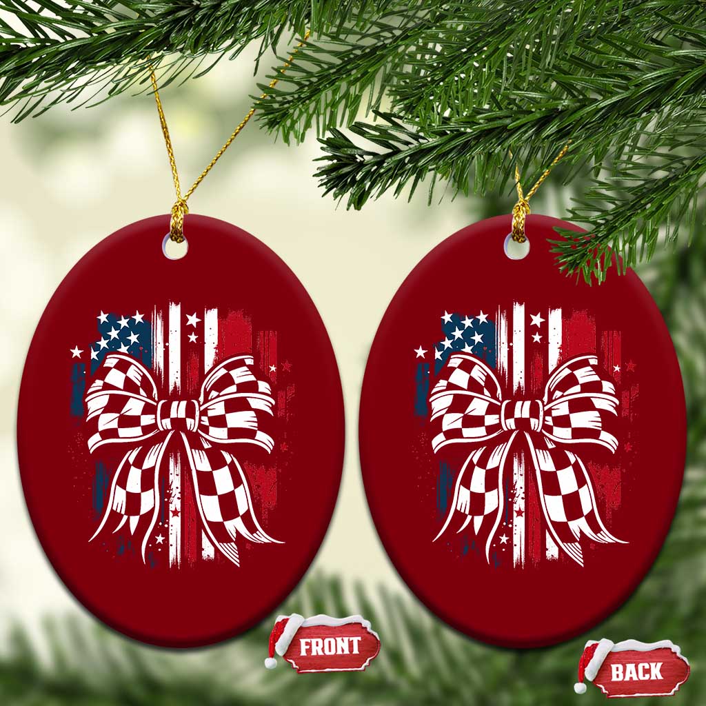 Patriotic Coquette Bow Checkered Flag Race Car Racing Ceramic Ornament - Wonder Print Shop
