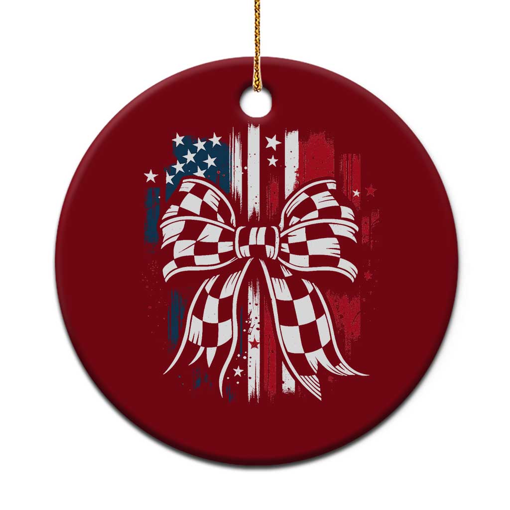 Patriotic Coquette Bow Checkered Flag Race Car Racing Ceramic Ornament - Wonder Print Shop
