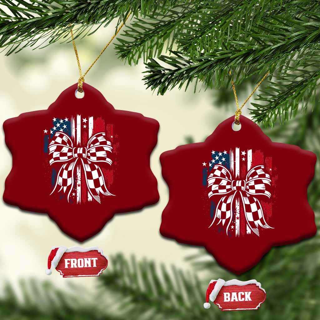 Patriotic Coquette Bow Checkered Flag Race Car Racing Ceramic Ornament - Wonder Print Shop