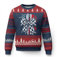 Patriotic Coquette Bow Checkered Flag Race Car Racing Ugly Christmas Sweater - Wonder Print Shop