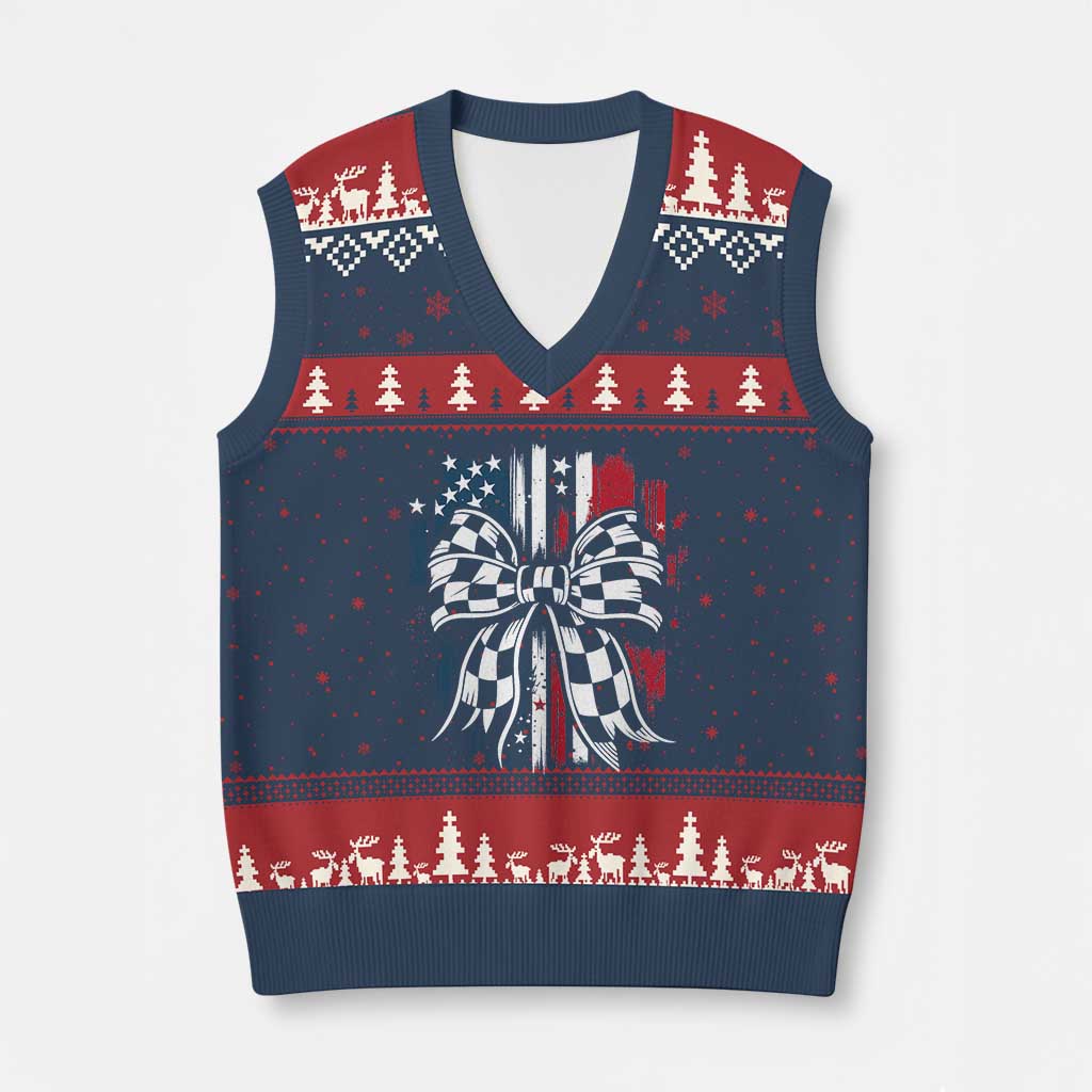 Patriotic Coquette Bow Checkered Flag Race Car Racing V-Neck Knit Sweater Vest - Wonder Print Shop