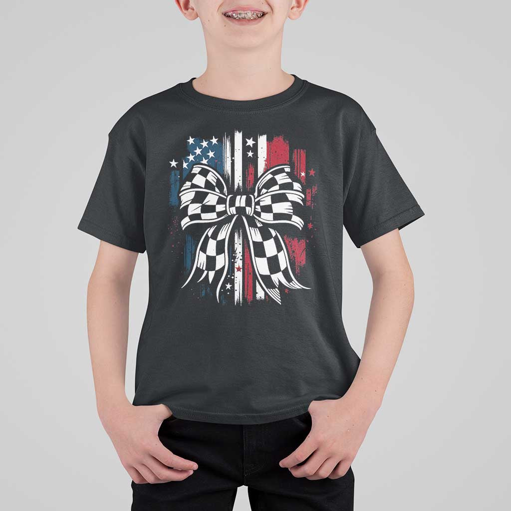 Patriotic Coquette Bow Checkered Flag Race Car Racing T Shirt For Kid - Wonder Print Shop