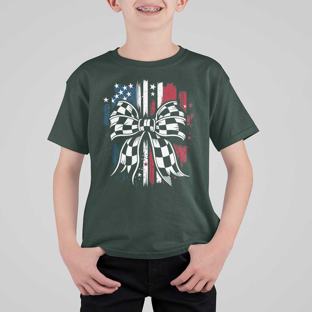 Patriotic Coquette Bow Checkered Flag Race Car Racing T Shirt For Kid - Wonder Print Shop