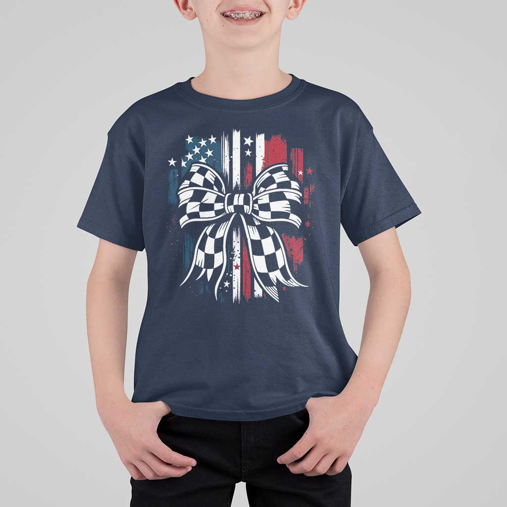 Patriotic Coquette Bow Checkered Flag Race Car Racing T Shirt For Kid - Wonder Print Shop
