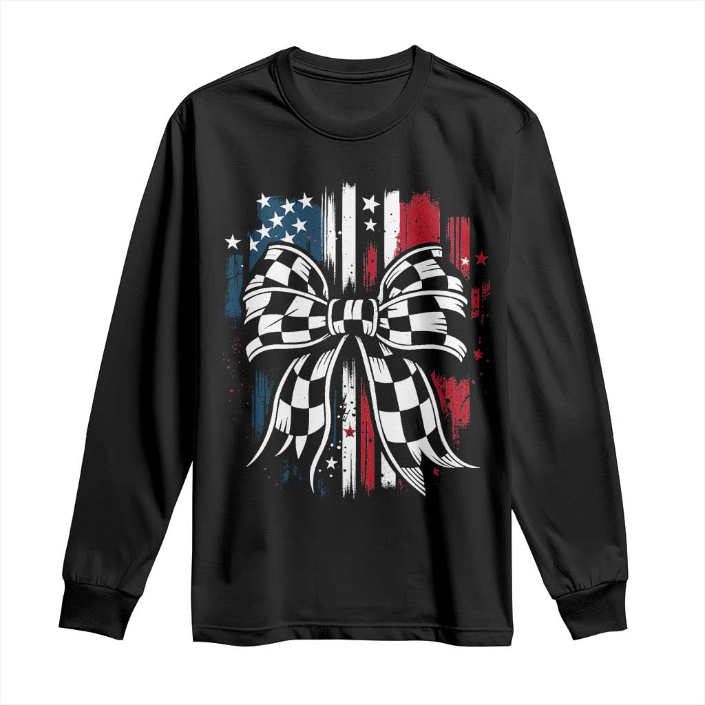 Patriotic Coquette Bow Checkered Flag Race Car Racing Long Sleeve Shirt - Wonder Print Shop