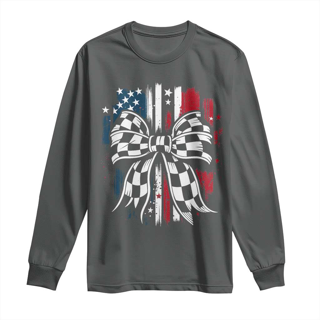Patriotic Coquette Bow Checkered Flag Race Car Racing Long Sleeve Shirt - Wonder Print Shop