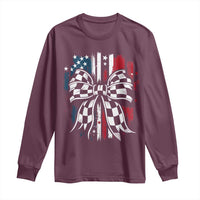 Patriotic Coquette Bow Checkered Flag Race Car Racing Long Sleeve Shirt - Wonder Print Shop