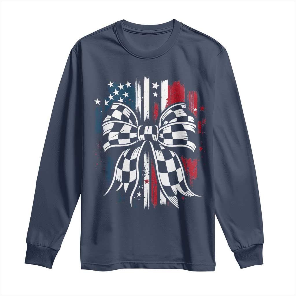 Patriotic Coquette Bow Checkered Flag Race Car Racing Long Sleeve Shirt - Wonder Print Shop