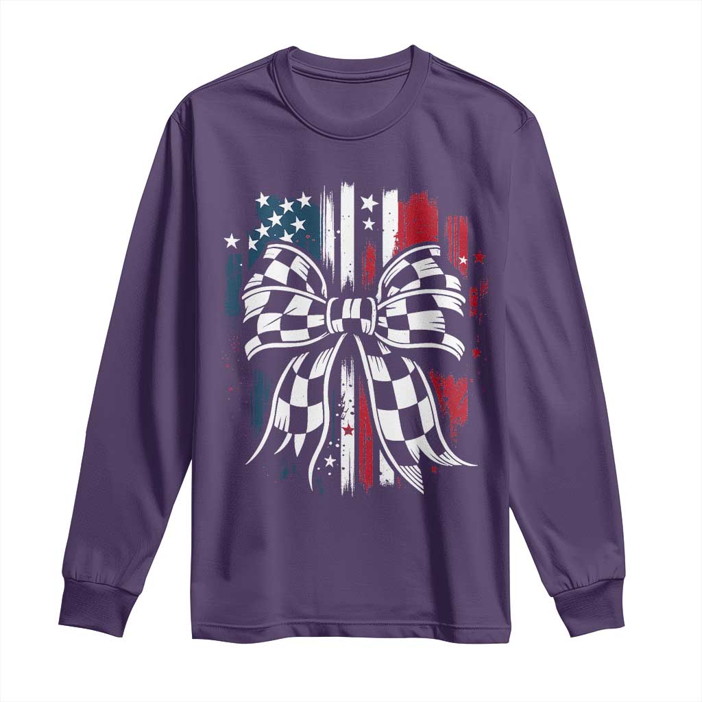 Patriotic Coquette Bow Checkered Flag Race Car Racing Long Sleeve Shirt - Wonder Print Shop
