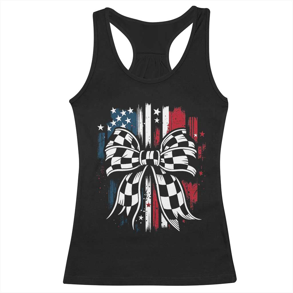 Patriotic Coquette Bow Checkered Flag Race Car Racing Racerback Tank Top - Wonder Print Shop