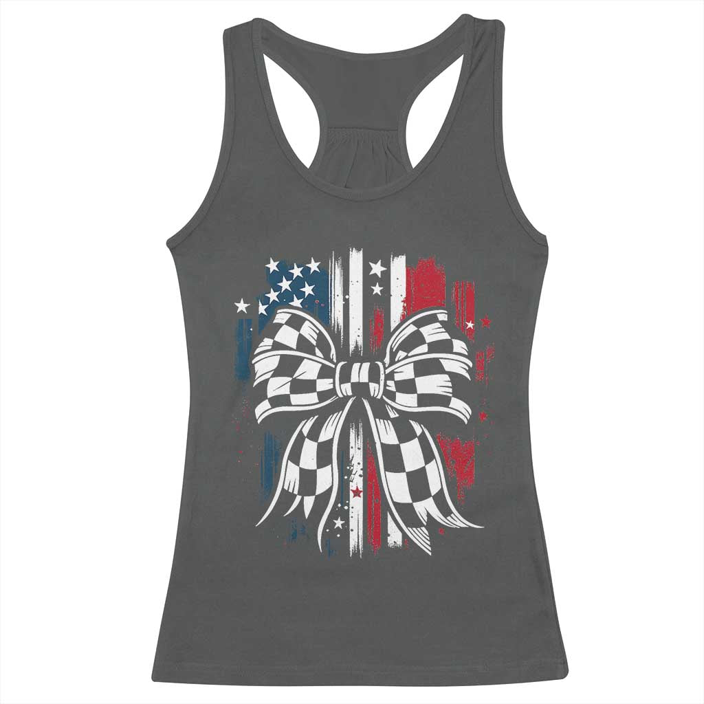 Patriotic Coquette Bow Checkered Flag Race Car Racing Racerback Tank Top - Wonder Print Shop