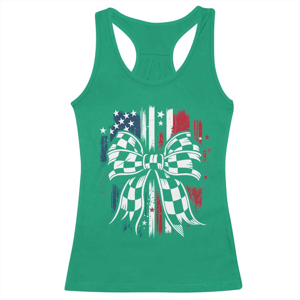 Patriotic Coquette Bow Checkered Flag Race Car Racing Racerback Tank Top - Wonder Print Shop