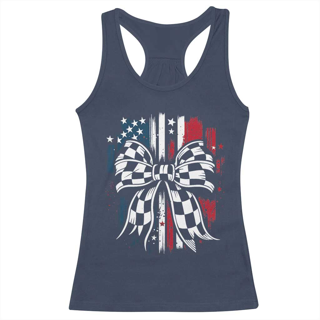 Patriotic Coquette Bow Checkered Flag Race Car Racing Racerback Tank Top - Wonder Print Shop
