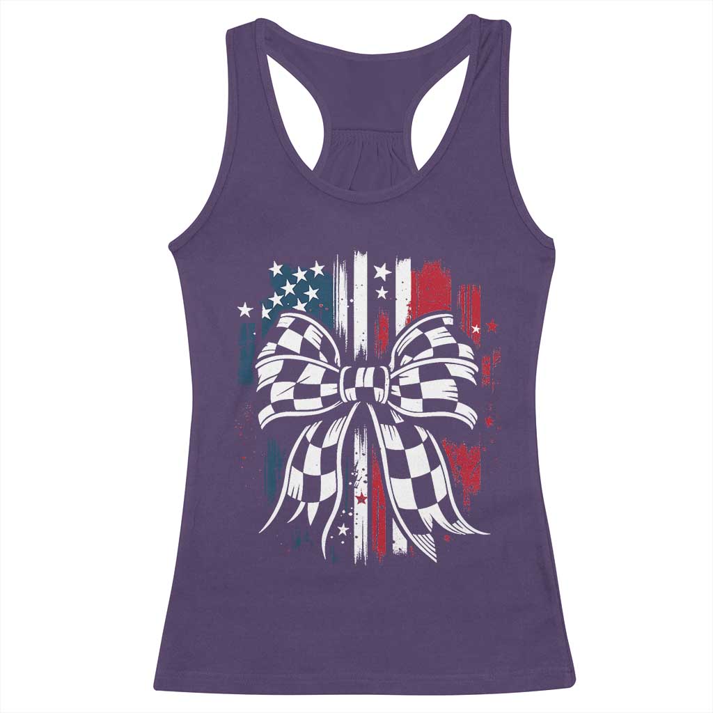 Patriotic Coquette Bow Checkered Flag Race Car Racing Racerback Tank Top - Wonder Print Shop