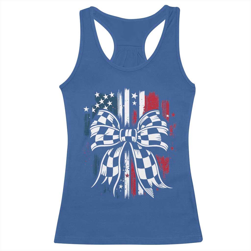Patriotic Coquette Bow Checkered Flag Race Car Racing Racerback Tank Top - Wonder Print Shop