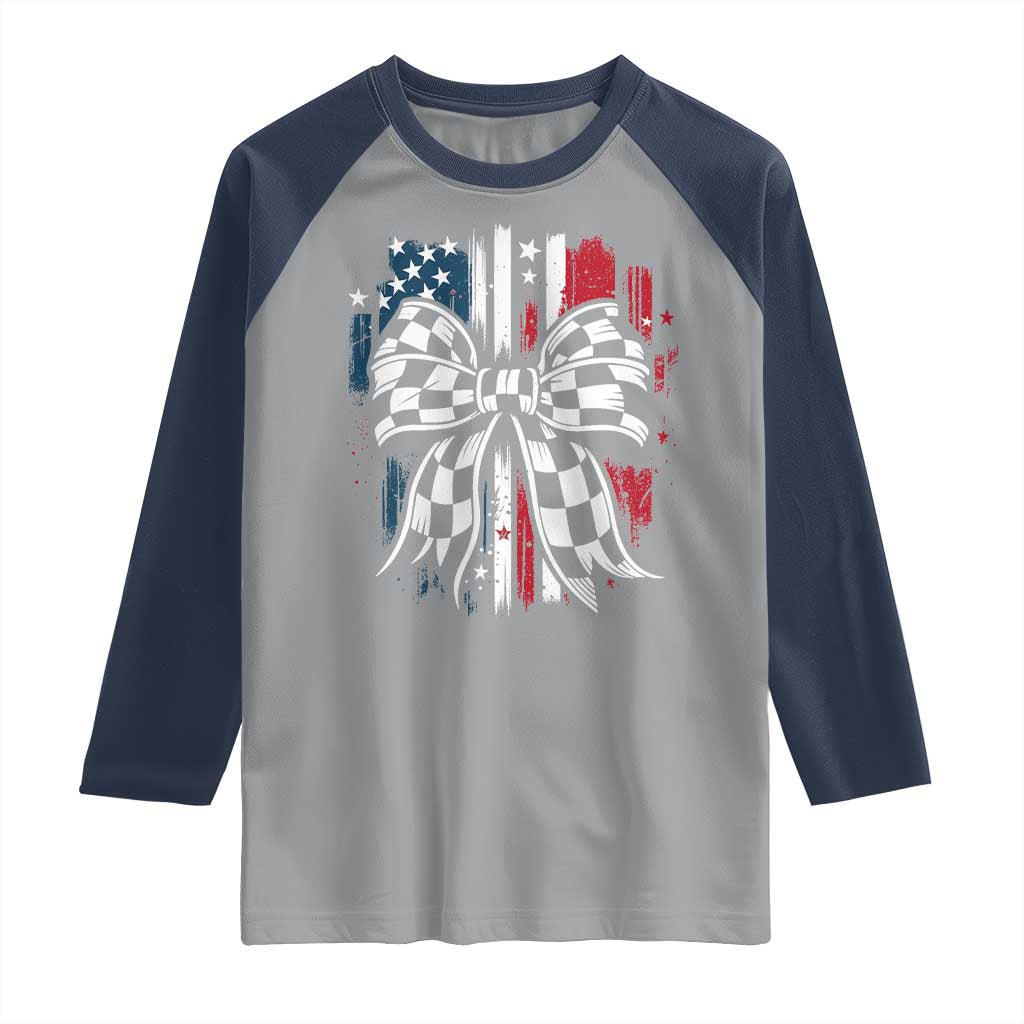 Patriotic Coquette Bow Checkered Flag Race Car Racing Raglan Shirt - Wonder Print Shop