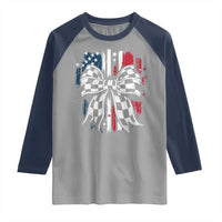 Patriotic Coquette Bow Checkered Flag Race Car Racing Raglan Shirt - Wonder Print Shop
