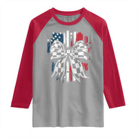 Patriotic Coquette Bow Checkered Flag Race Car Racing Raglan Shirt - Wonder Print Shop