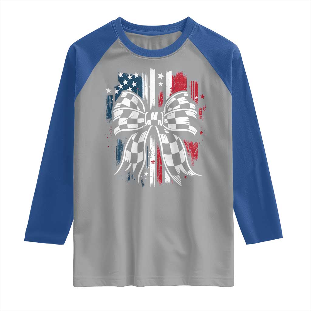 Patriotic Coquette Bow Checkered Flag Race Car Racing Raglan Shirt - Wonder Print Shop