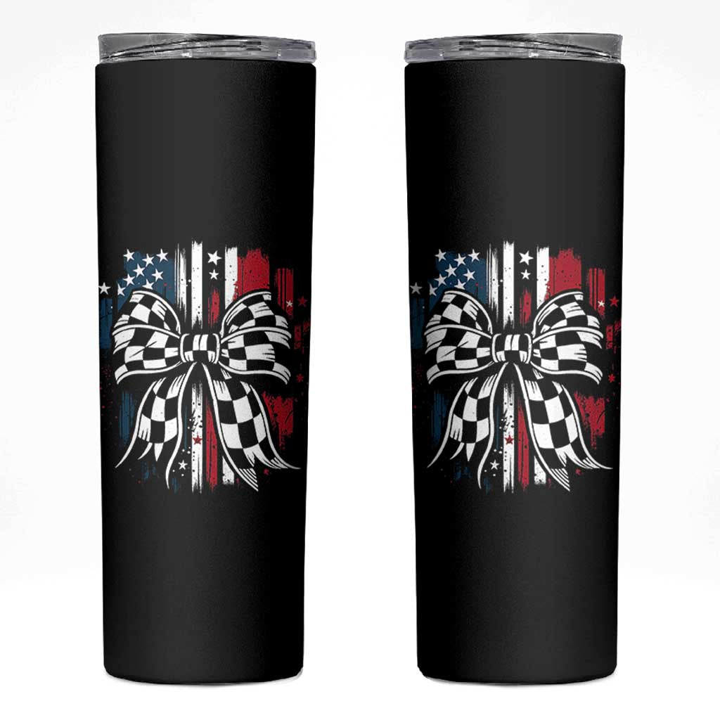 Patriotic Coquette Bow Checkered Flag Race Car Racing Skinny Tumbler