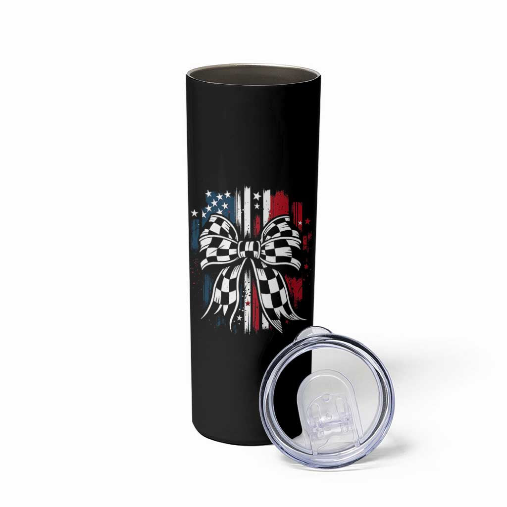 Patriotic Coquette Bow Checkered Flag Race Car Racing Skinny Tumbler