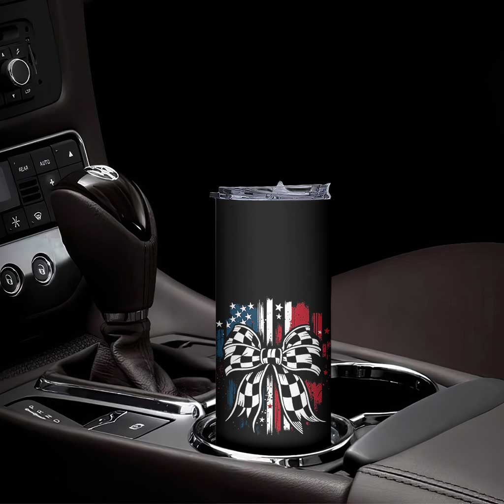 Patriotic Coquette Bow Checkered Flag Race Car Racing Skinny Tumbler