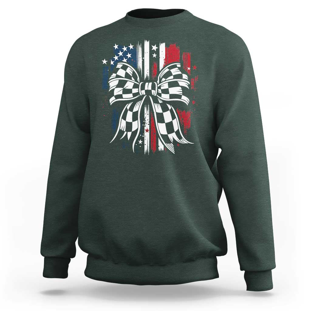Patriotic Coquette Bow Checkered Flag Race Car Racing Sweatshirt - Wonder Print Shop