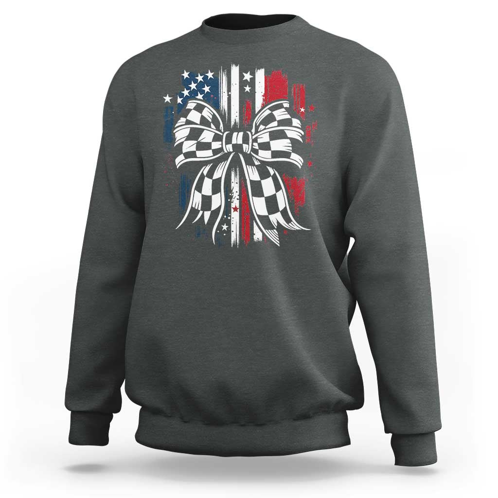 Patriotic Coquette Bow Checkered Flag Race Car Racing Sweatshirt - Wonder Print Shop
