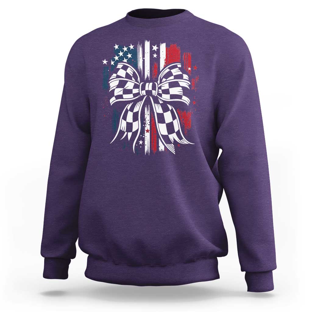 Patriotic Coquette Bow Checkered Flag Race Car Racing Sweatshirt - Wonder Print Shop