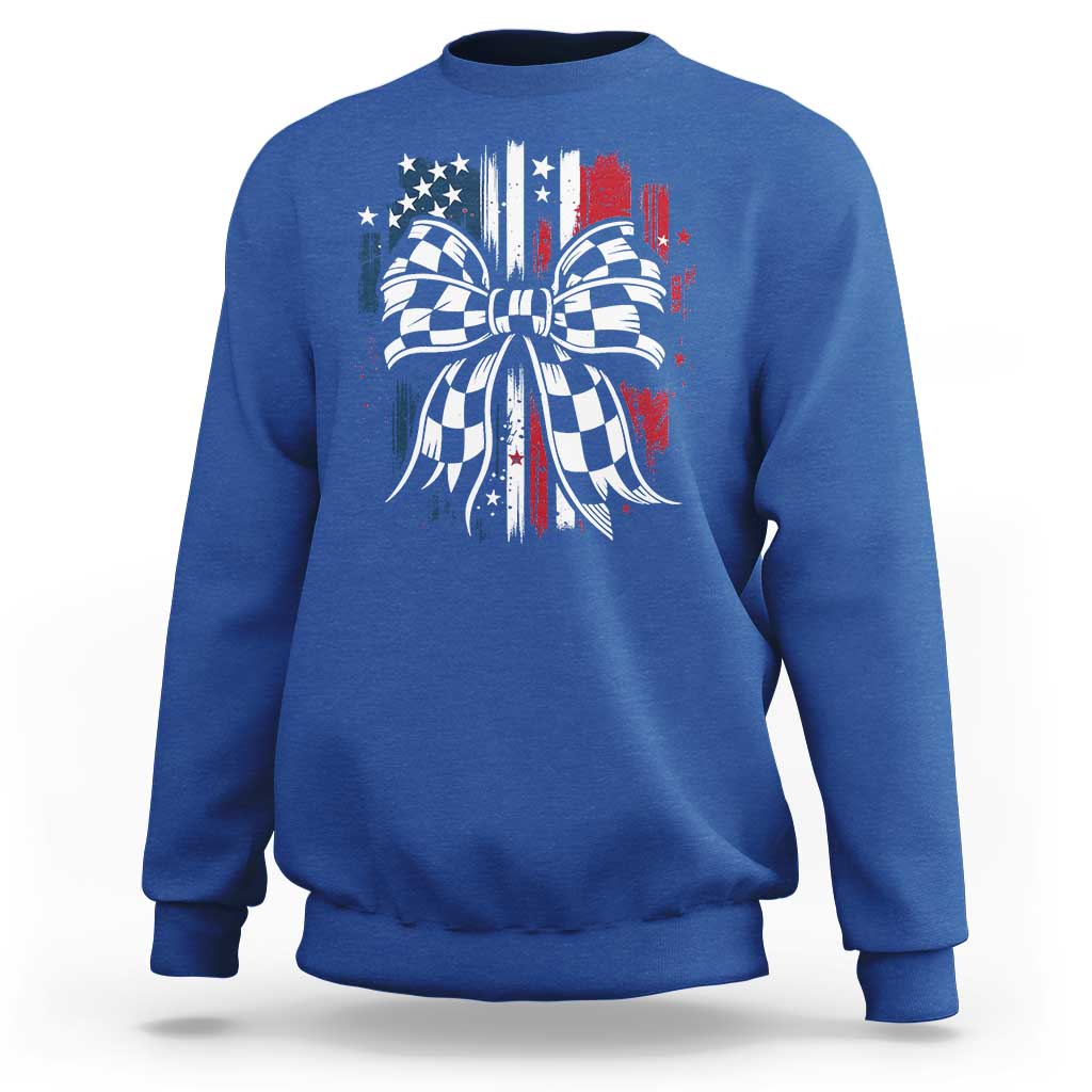 Patriotic Coquette Bow Checkered Flag Race Car Racing Sweatshirt - Wonder Print Shop