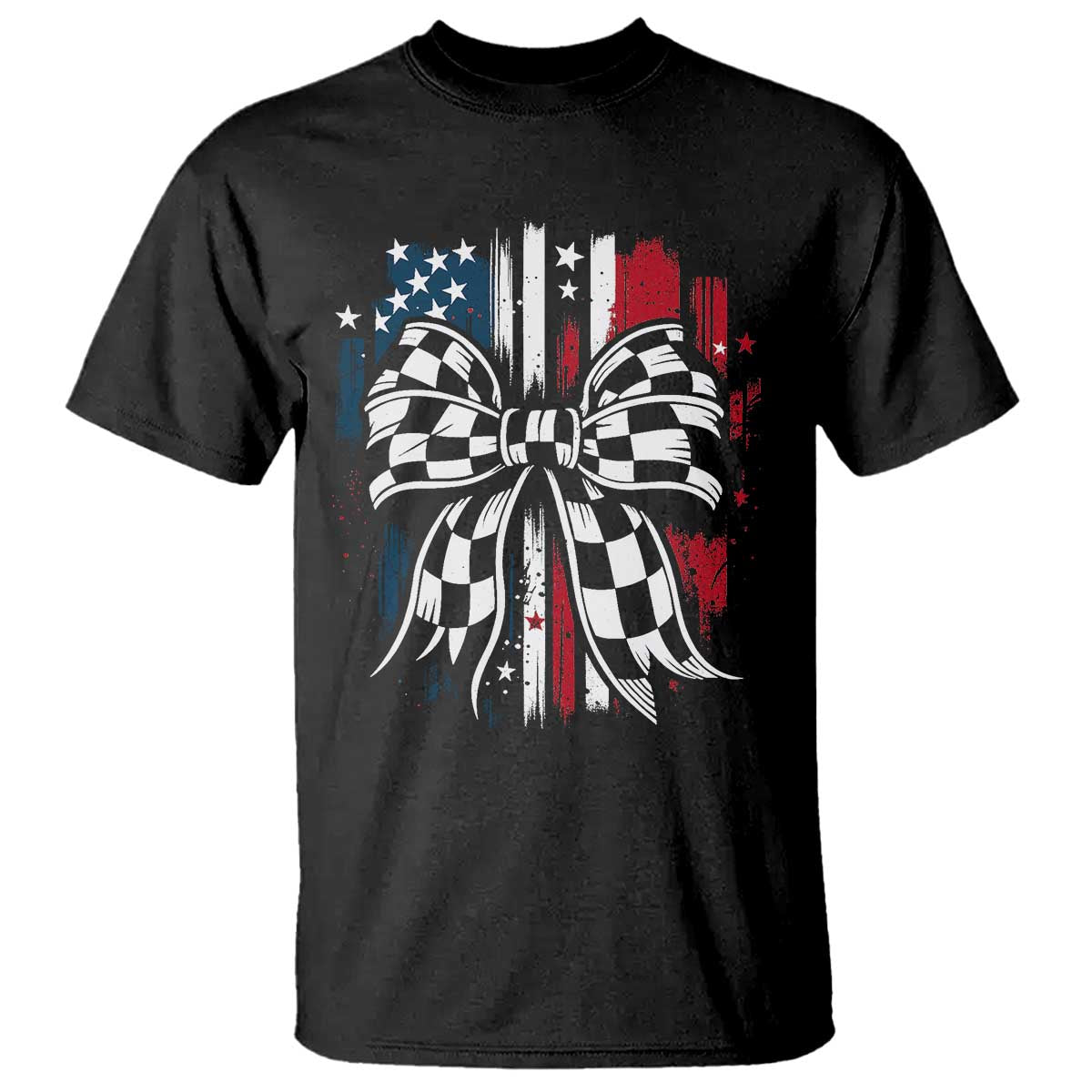 Patriotic Coquette Bow Checkered Flag Race Car Racing T Shirt - Wonder Print Shop