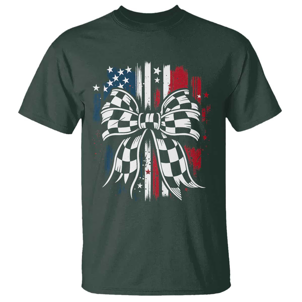 Patriotic Coquette Bow Checkered Flag Race Car Racing T Shirt - Wonder Print Shop
