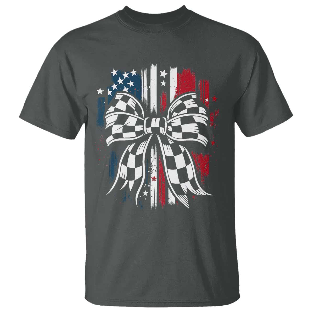 Patriotic Coquette Bow Checkered Flag Race Car Racing T Shirt - Wonder Print Shop
