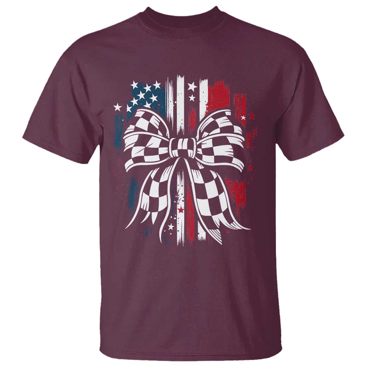Patriotic Coquette Bow Checkered Flag Race Car Racing T Shirt - Wonder Print Shop
