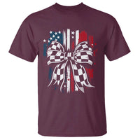 Patriotic Coquette Bow Checkered Flag Race Car Racing T Shirt - Wonder Print Shop