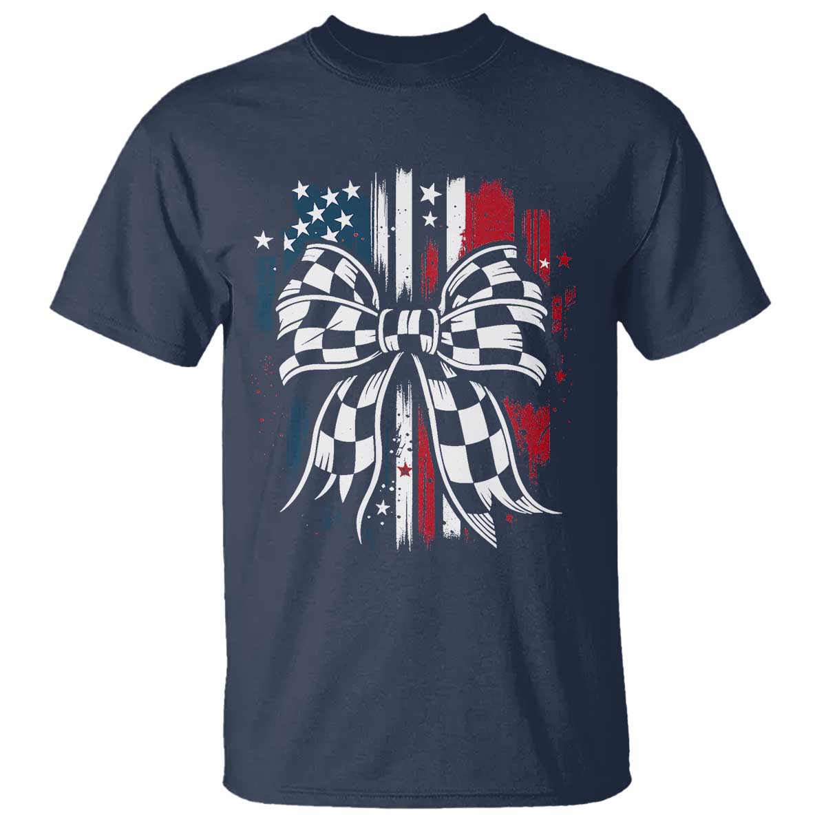 Patriotic Coquette Bow Checkered Flag Race Car Racing T Shirt - Wonder Print Shop