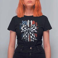 Patriotic Coquette Bow Checkered Flag Race Car Racing T Shirt For Women - Wonder Print Shop
