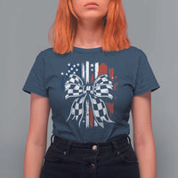 Patriotic Coquette Bow Checkered Flag Race Car Racing T Shirt For Women - Wonder Print Shop