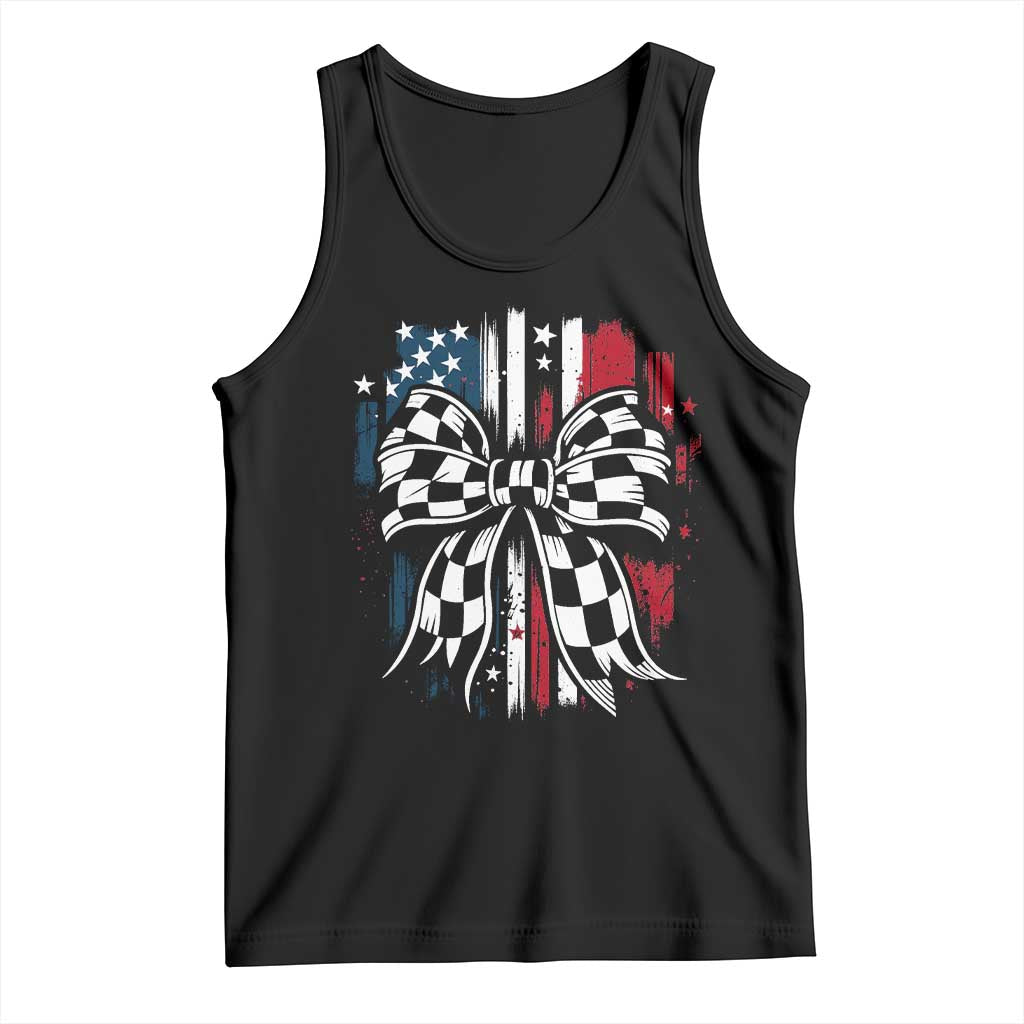 Patriotic Coquette Bow Checkered Flag Race Car Racing Tank Top - Wonder Print Shop