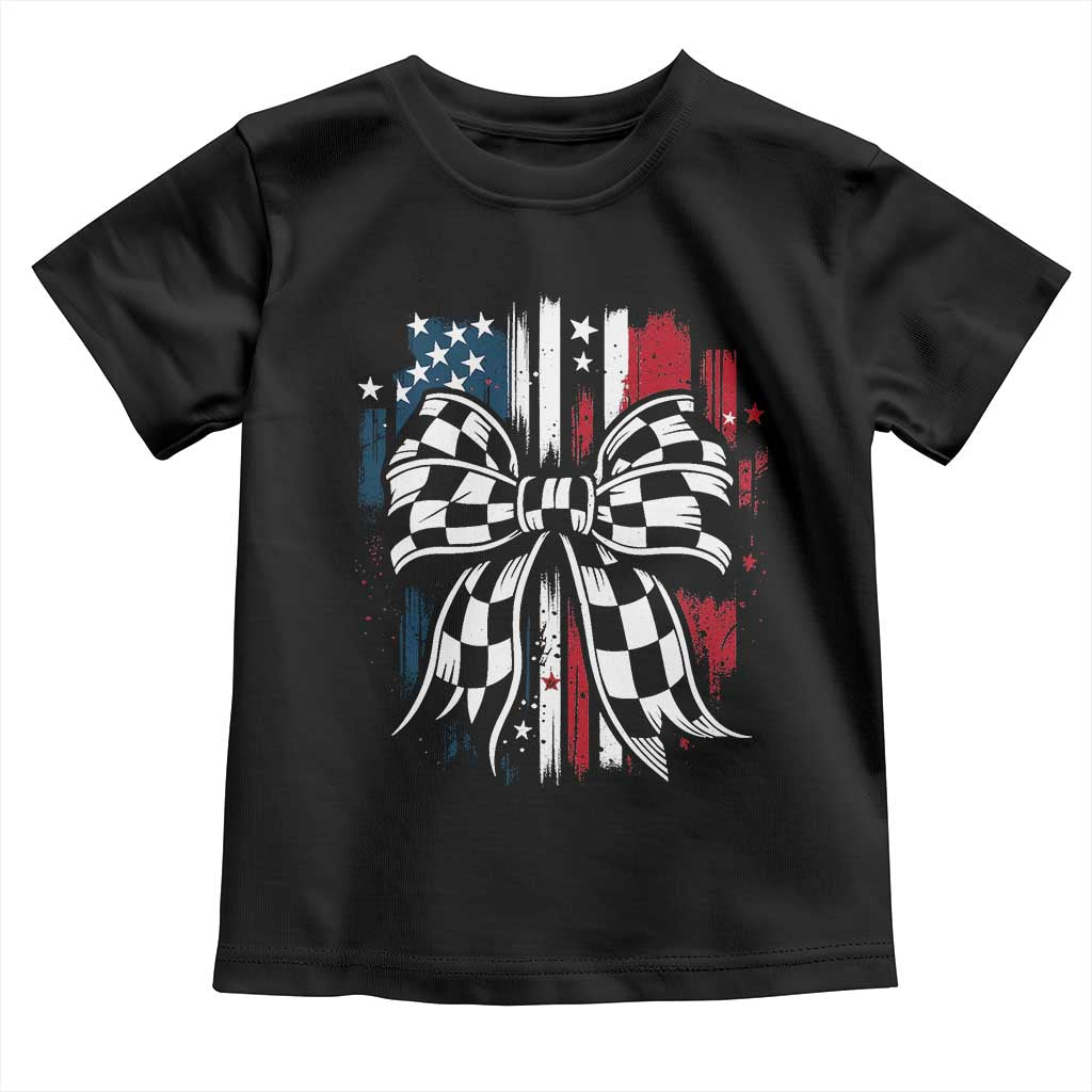 Patriotic Coquette Bow Checkered Flag Race Car Racing Toddler T Shirt - Wonder Print Shop