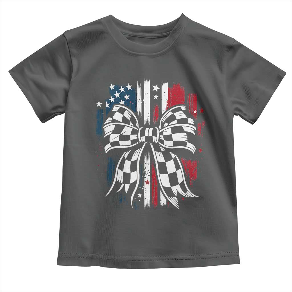 Patriotic Coquette Bow Checkered Flag Race Car Racing Toddler T Shirt - Wonder Print Shop